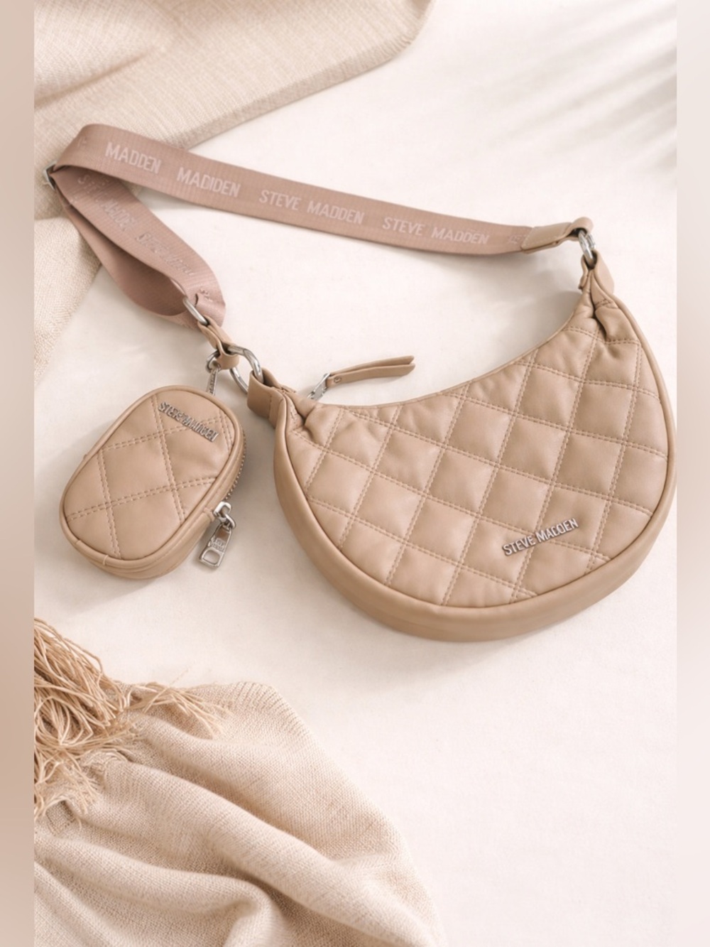 Steve Madden Quilted Crossbody Shoulder Bag Beige + Mini Pouch